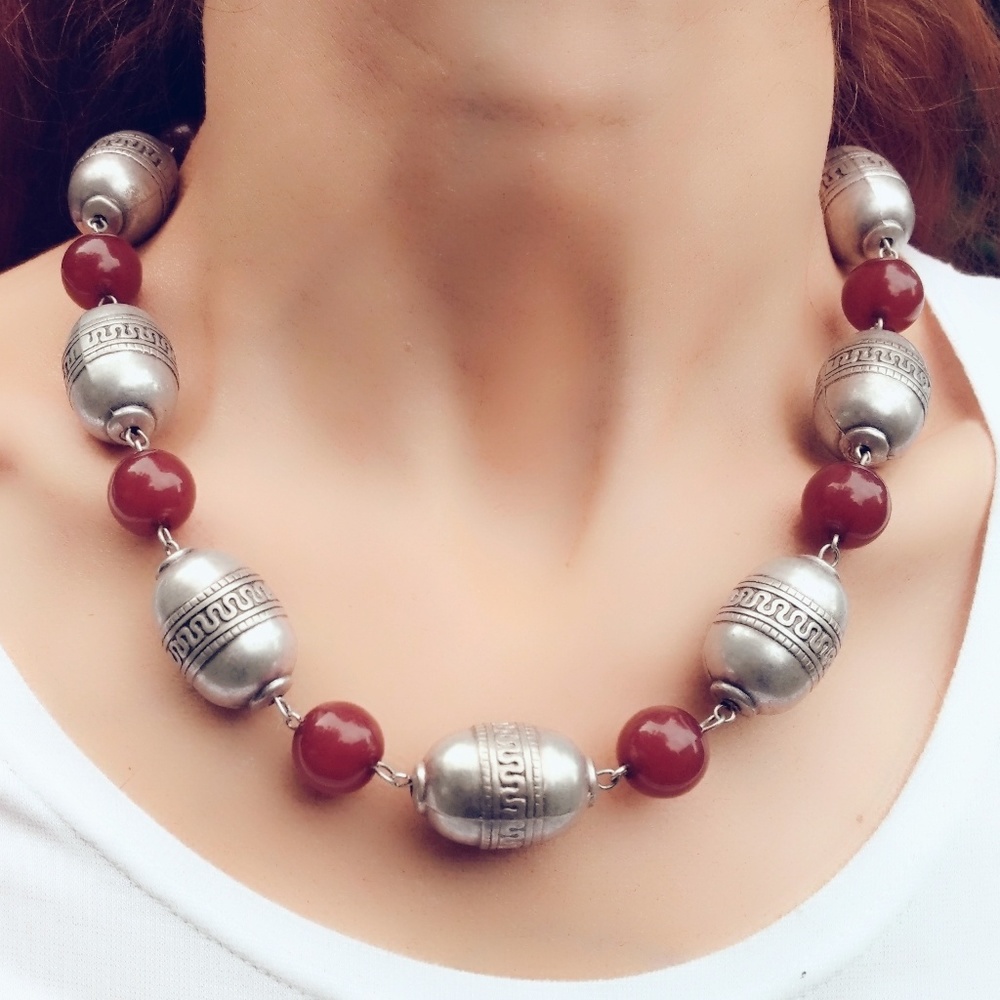 Vintage Silver and Catilan Tribal Bead Necklace - Picture 5 of 6